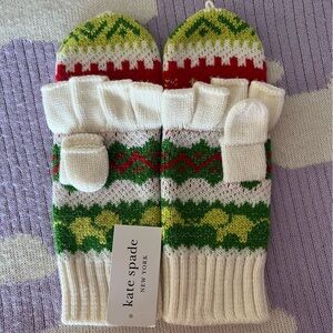 NWT Kate Spade Knit Fair Isle Christmas Fingerless Flap Back Gloves KS1004159